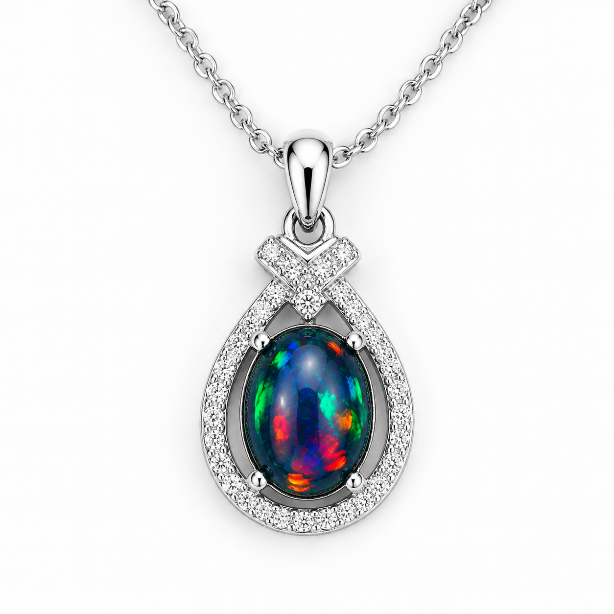 Natural Australian Black Fire Opal Necklace 7x9mm oval gemstone pendant in 925 sterling silver with platinum plated finish, colorful fire opal jewelry by PHIMSERA