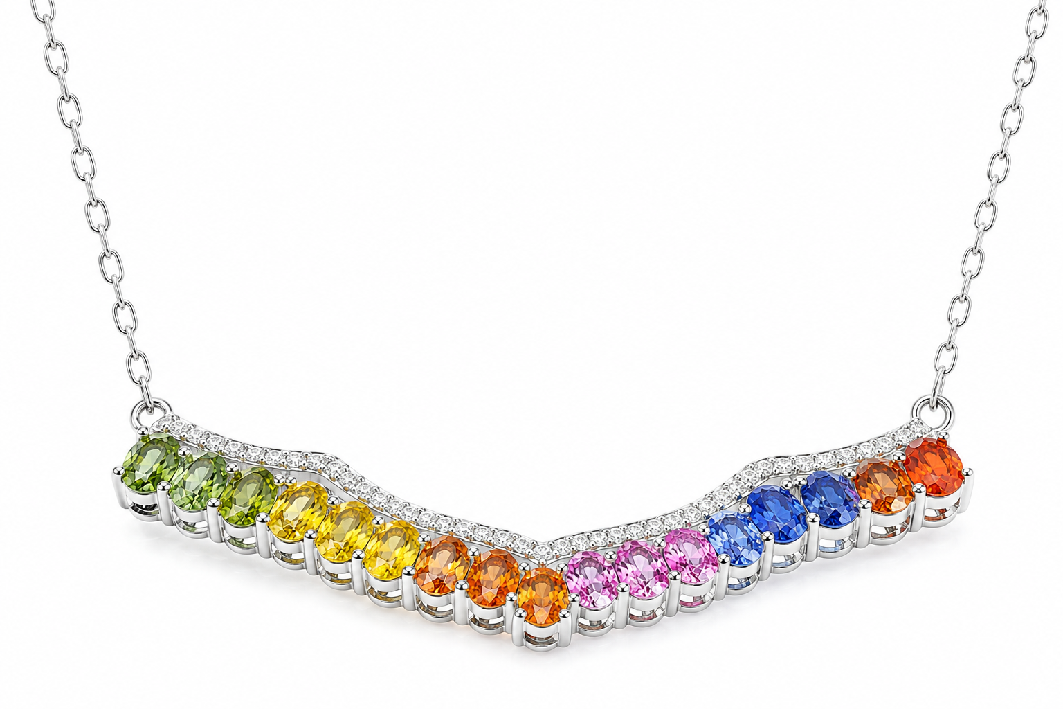 Side angle of natural multicolor sapphire necklace showing oval sapphire settings and sterling silver craftsmanship.