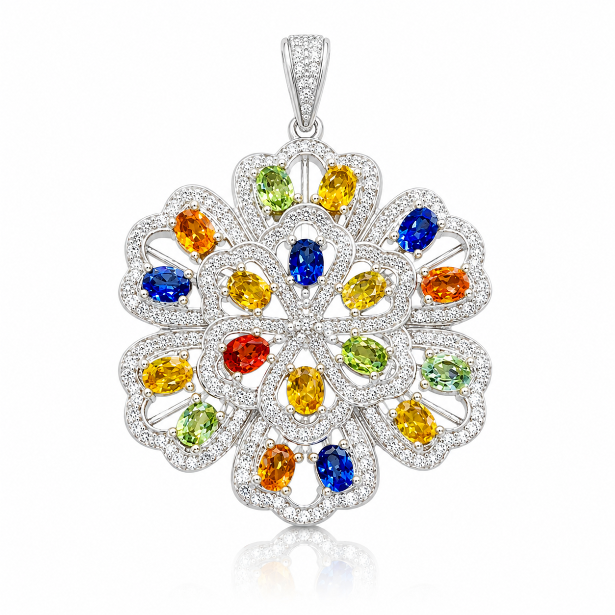 Multicolor 3x4mm oval sapphire floral pendant in 925 sterling silver with sparkling accents