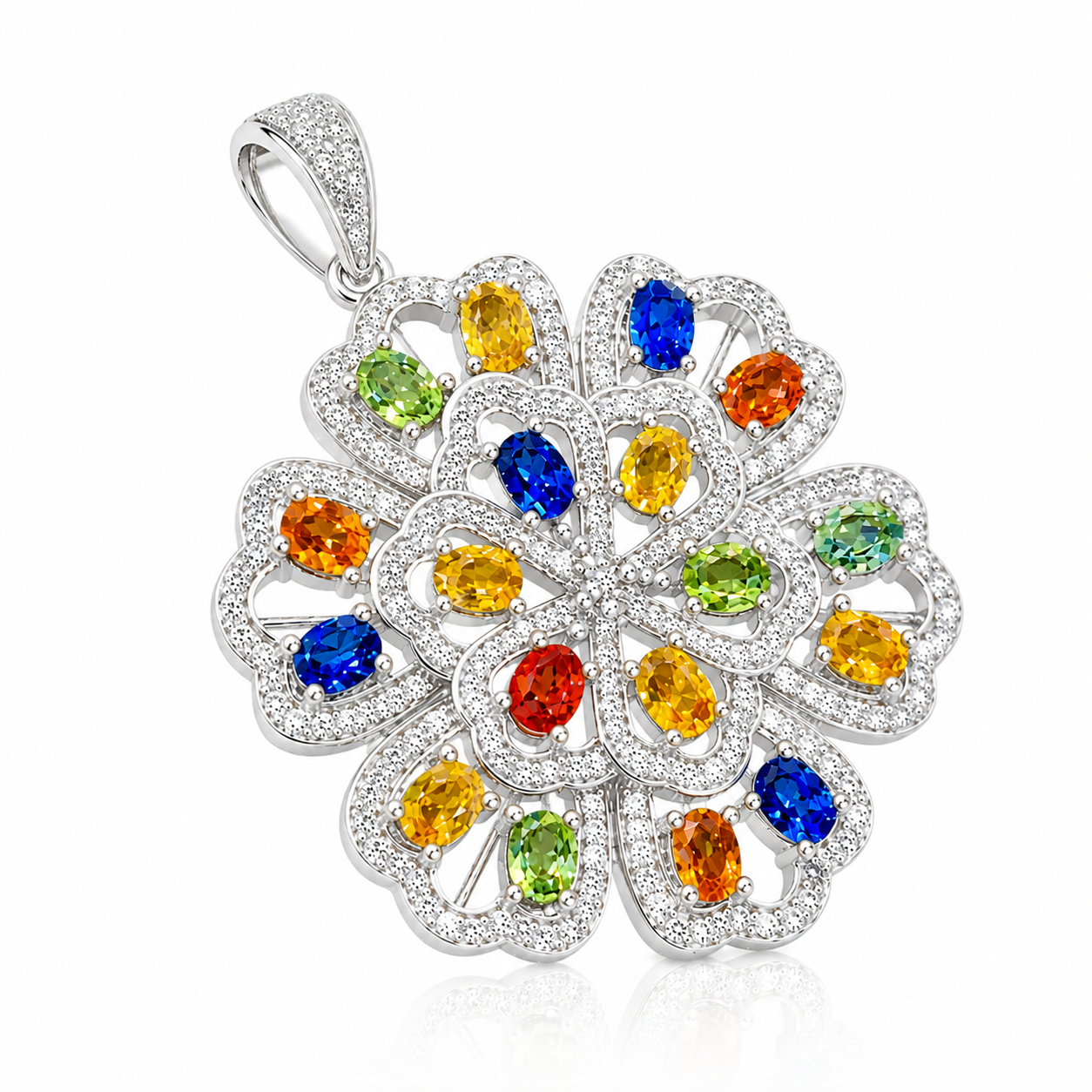 45-degree view of multicolor sapphire flower pendant featuring colorful 3x4mm oval gemstones