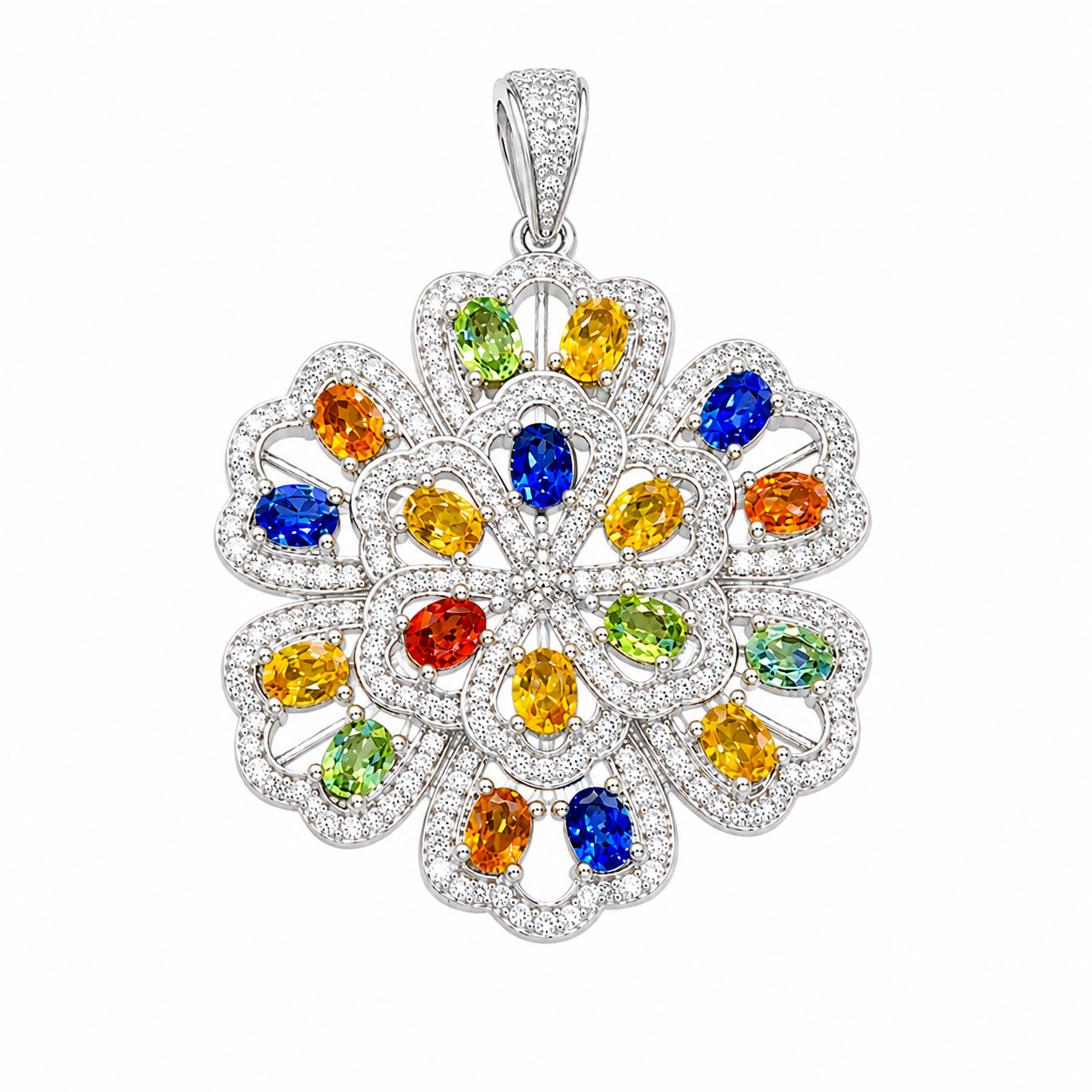 Top view of 3x4mm multicolor sapphire floral pendant necklace in sterling silver