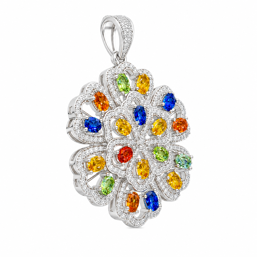 Side view of multicolor sapphire pendant showing layered floral sterling silver setting