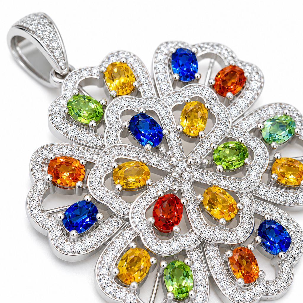 Macro close-up of colorful 3x4mm oval sapphires and sparkling floral pendant details