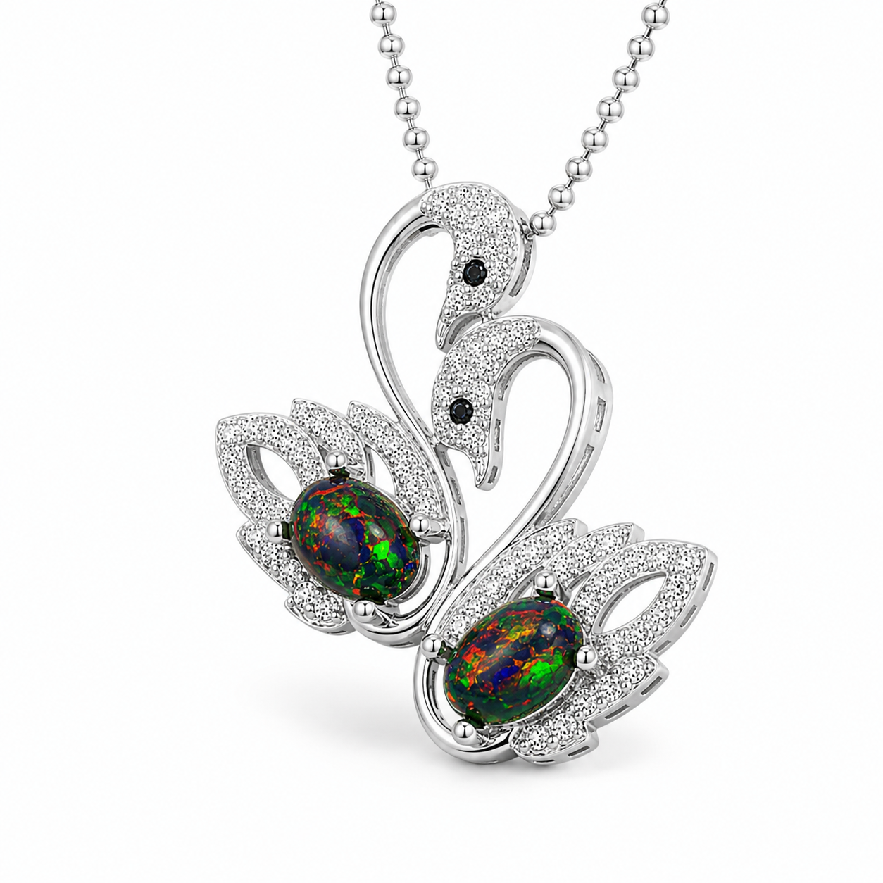 45-degree view of 5x7mm colorful black opal swan pendant necklace in 925 sterling silver