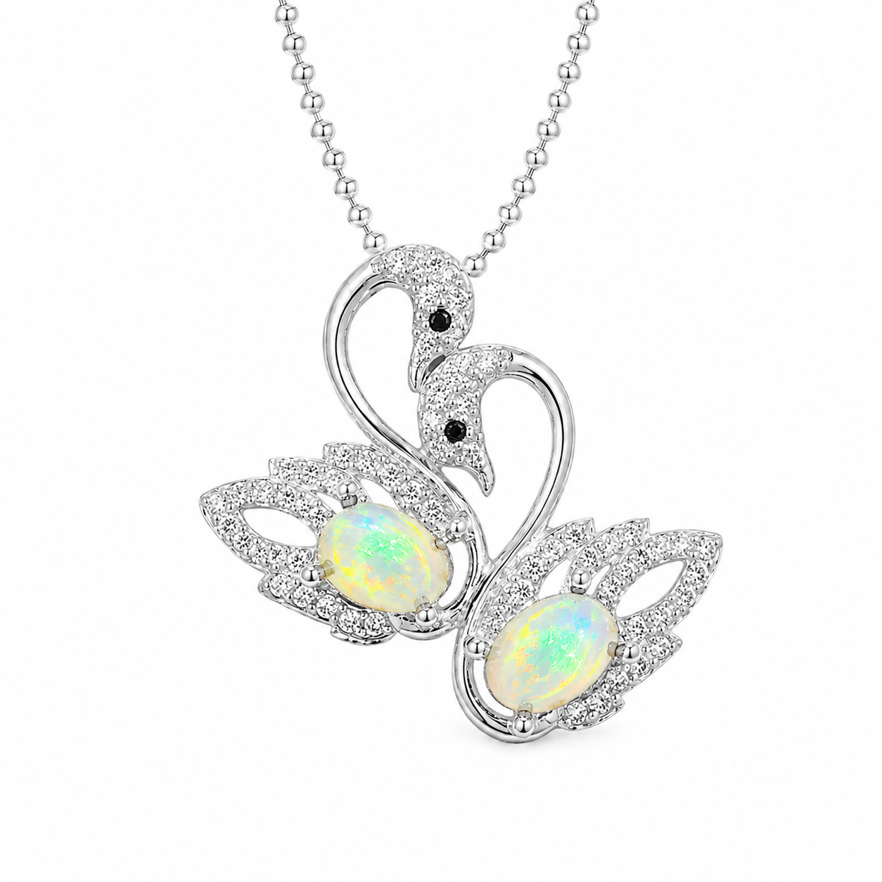 White fire opal double swan necklace with two 5x7mm oval opals in 925 sterling silver