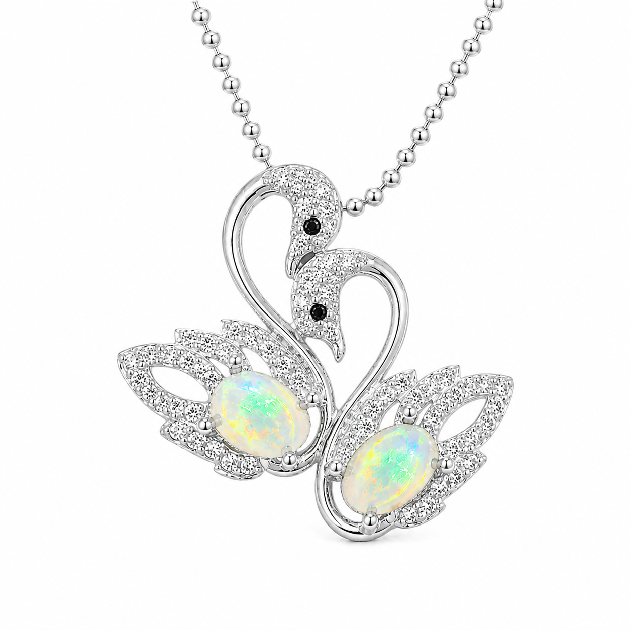 Top view of double swan white fire opal necklace with oval 5x7mm gemstones