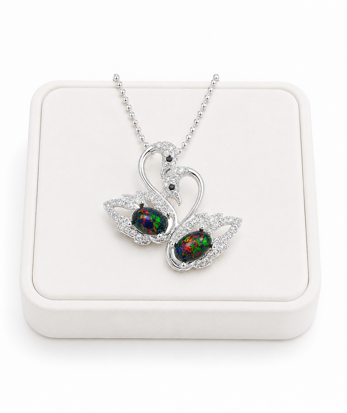Colorful black fire opal double swan necklace with two 5x7mm oval Australian opals in sterling silver