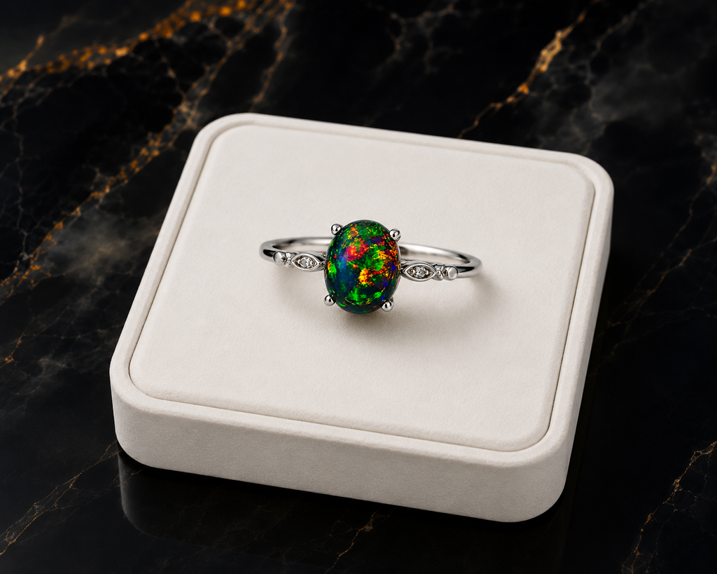 Australian black fire opal sterling silver ring displayed on white luxury jewelry tray