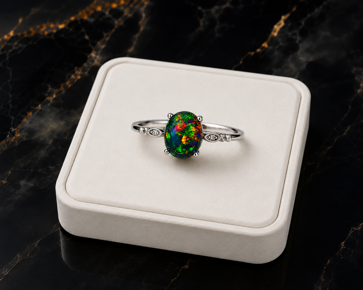 Australian black fire opal sterling silver ring displayed on white luxury jewelry tray
