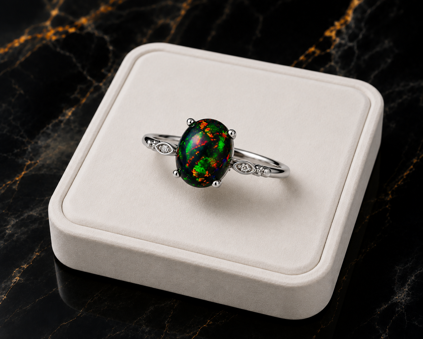 Australian black fire opal sterling silver ring displayed on white luxury jewelry tray