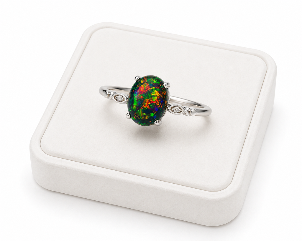 Australian black fire opal sterling silver ring displayed on white luxury jewelry tray