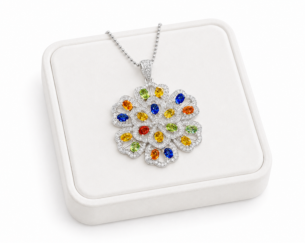 Multicolor 3x4mm oval sapphire floral pendant in 925 sterling silver with sparkling accents