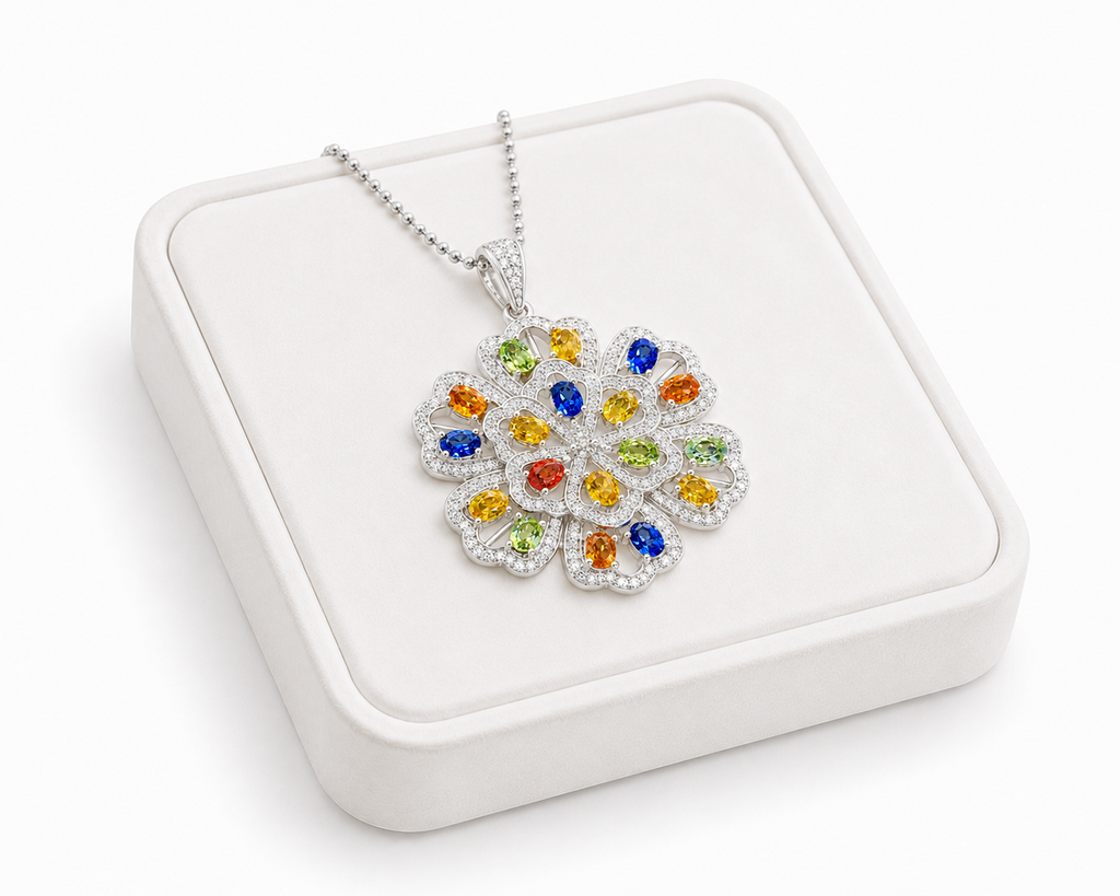 Multicolor 3x4mm oval sapphire floral pendant in 925 sterling silver with sparkling accents