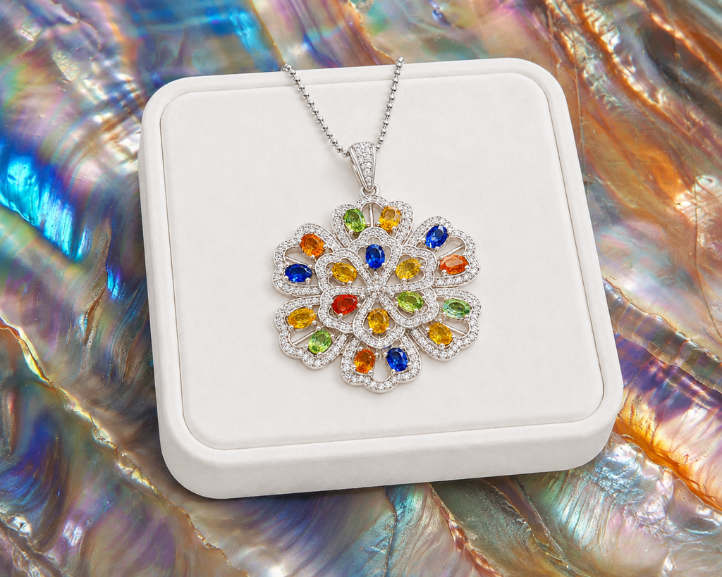 Multicolor 3x4mm oval sapphire floral pendant in 925 sterling silver with sparkling accents