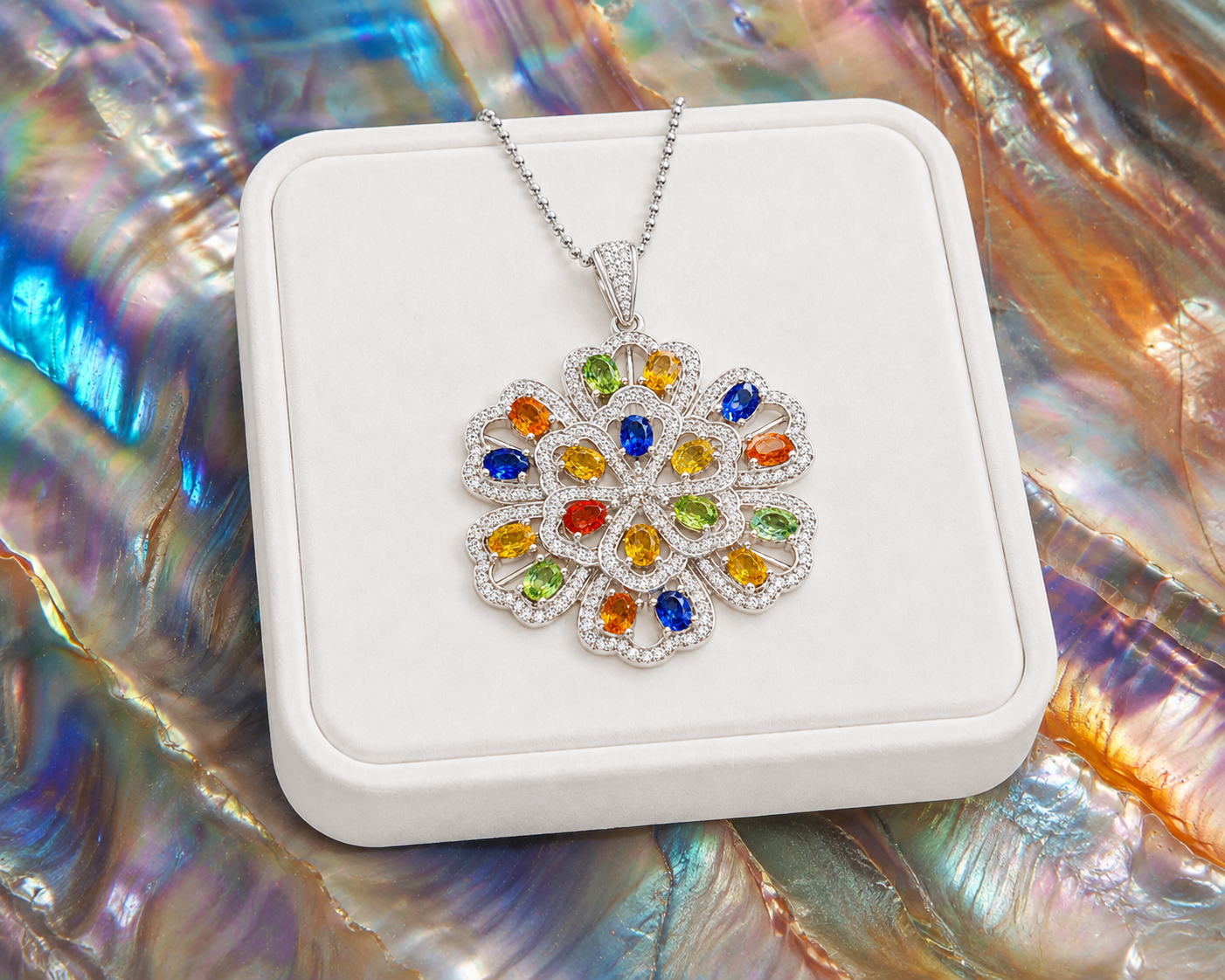 Multicolor 3x4mm oval sapphire floral pendant in 925 sterling silver with sparkling accents
