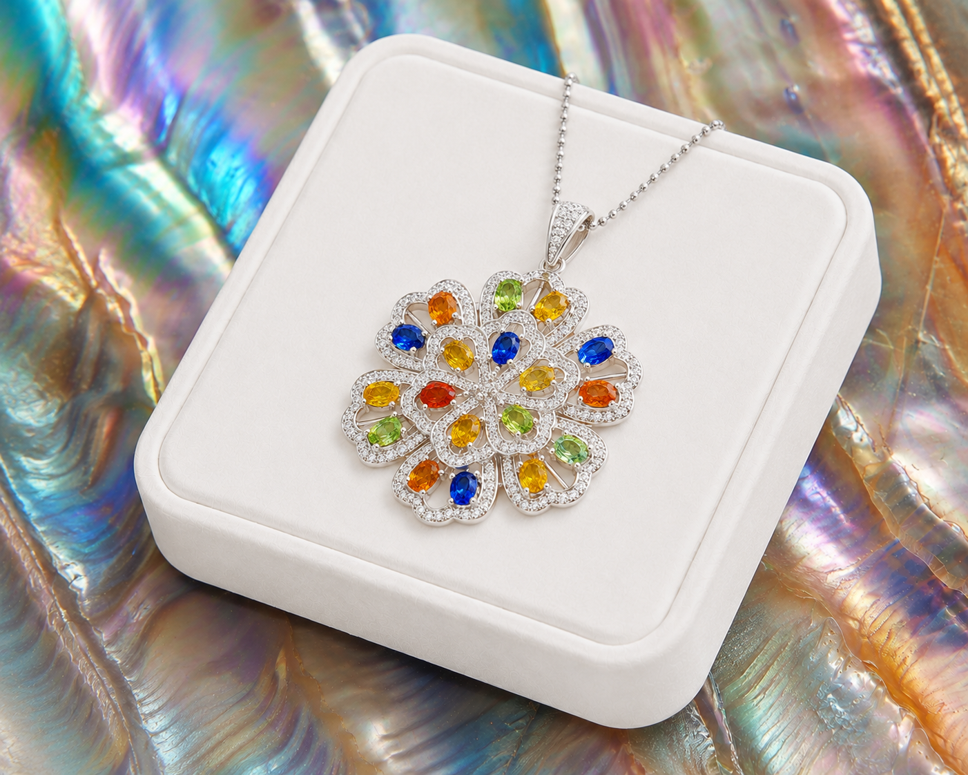 Multicolor 3x4mm oval sapphire floral pendant in 925 sterling silver with sparkling accents