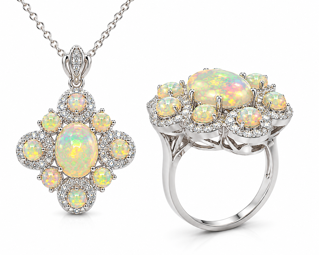 Elegant Fire Opal ring and pendant jewelry set with natural 3mm fire opal accents and sparkling cubic zirconia.