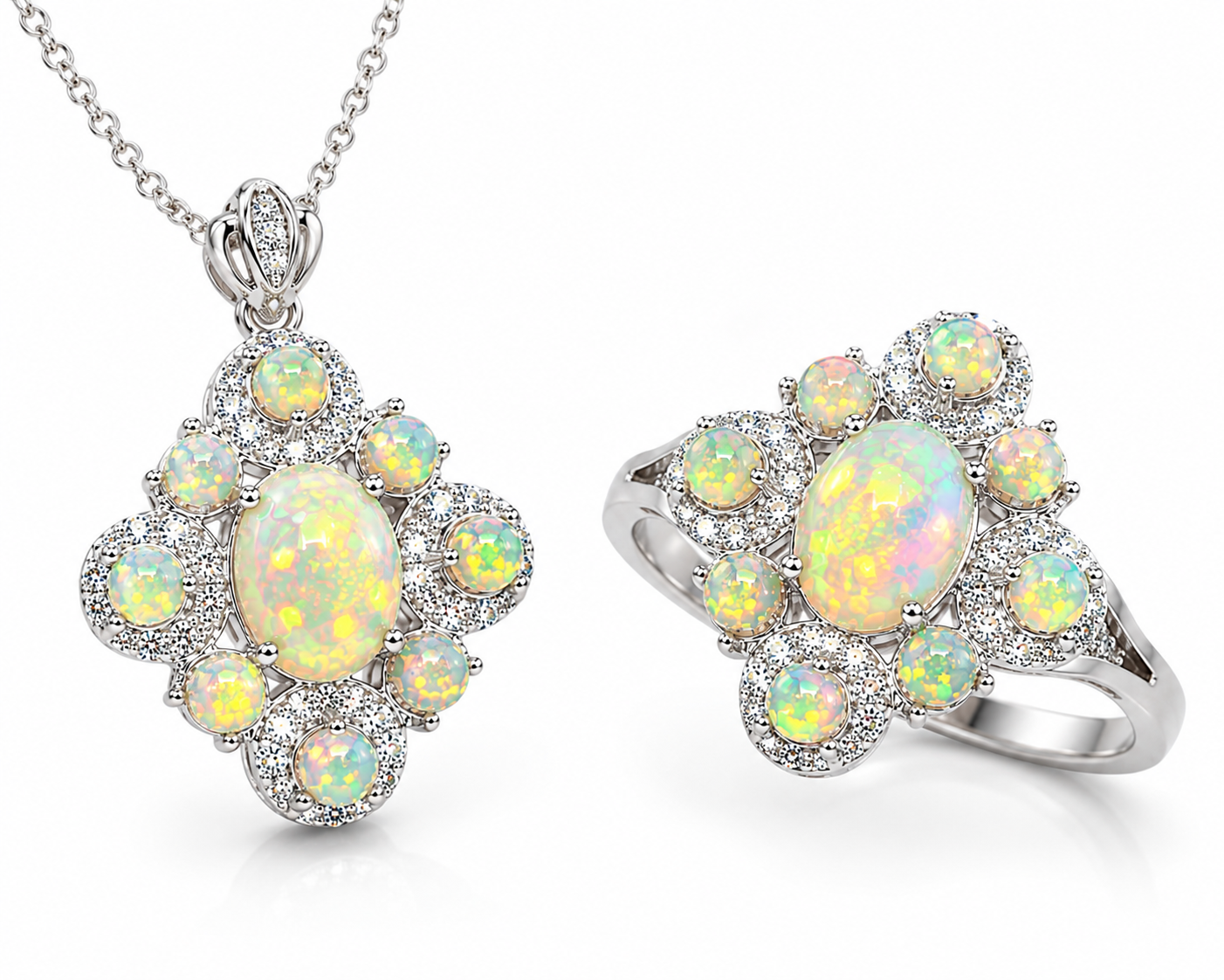 Elegant Fire Opal ring and pendant jewelry set with natural 3mm fire opal accents and sparkling cubic zirconia.