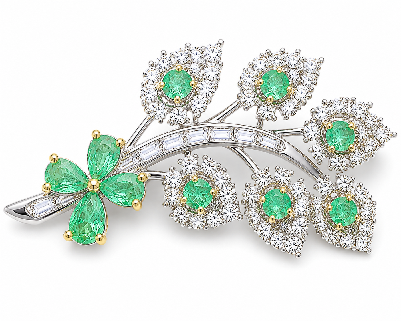 Natural Emerald Brooch Pin, Womens Emerald Flower Brooch Sterling Silver