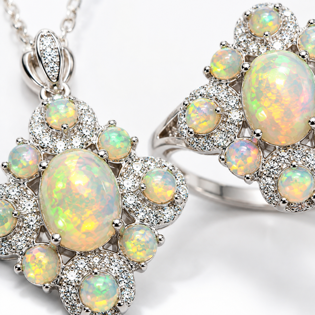 Elegant Fire Opal ring and pendant jewelry set with natural 3mm fire opal accents and sparkling cubic zirconia.