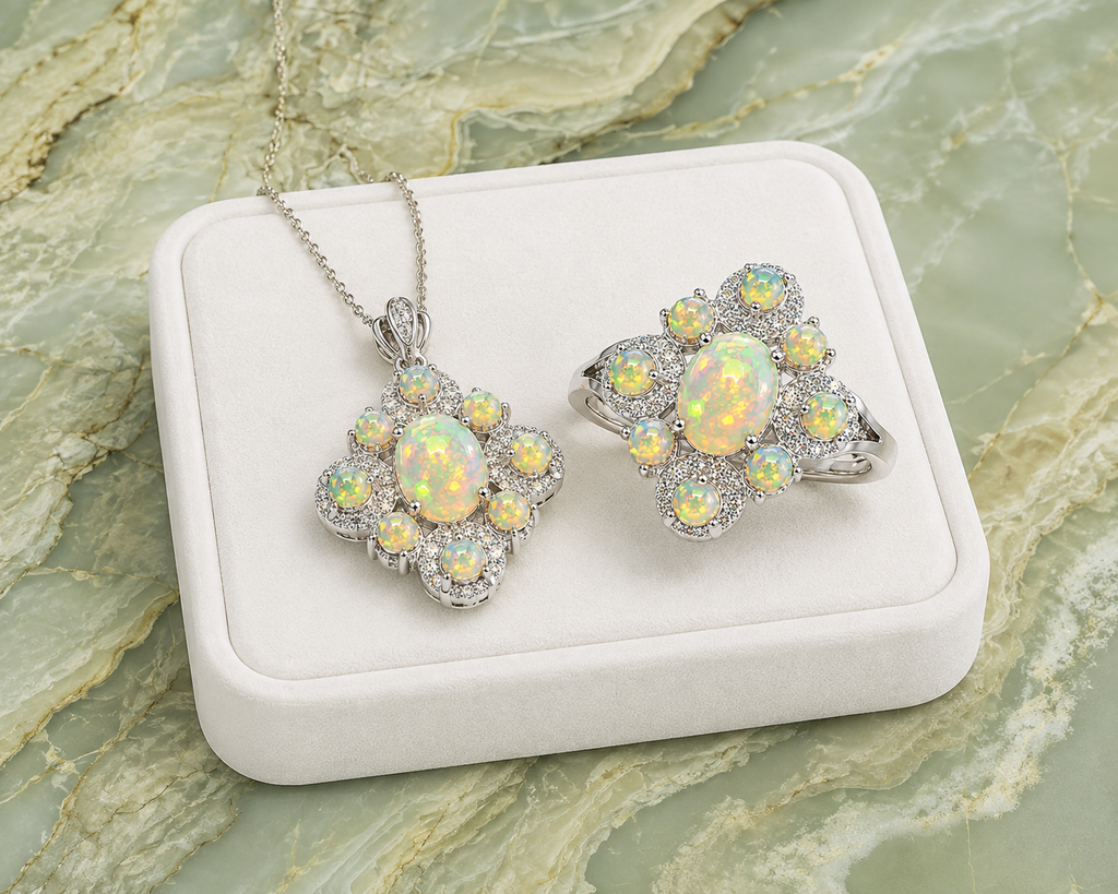 Elegant Fire Opal ring and pendant jewelry set with natural 3mm fire opal accents and sparkling cubic zirconia.