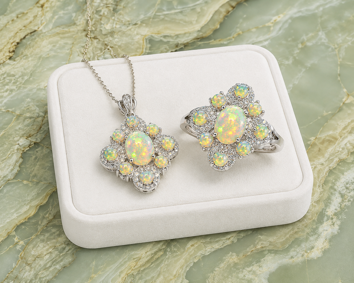 Elegant Fire Opal ring and pendant jewelry set with natural 3mm fire opal accents and sparkling cubic zirconia.