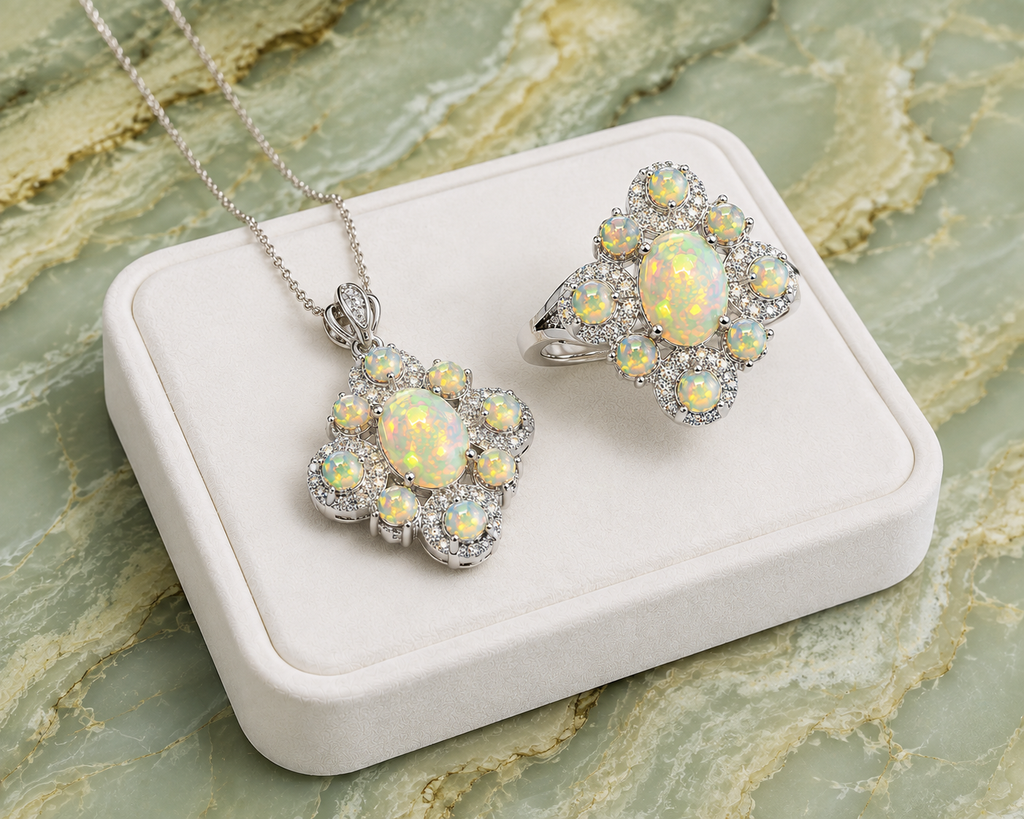 Elegant Fire Opal ring and pendant jewelry set with natural 3mm fire opal accents and sparkling cubic zirconia.