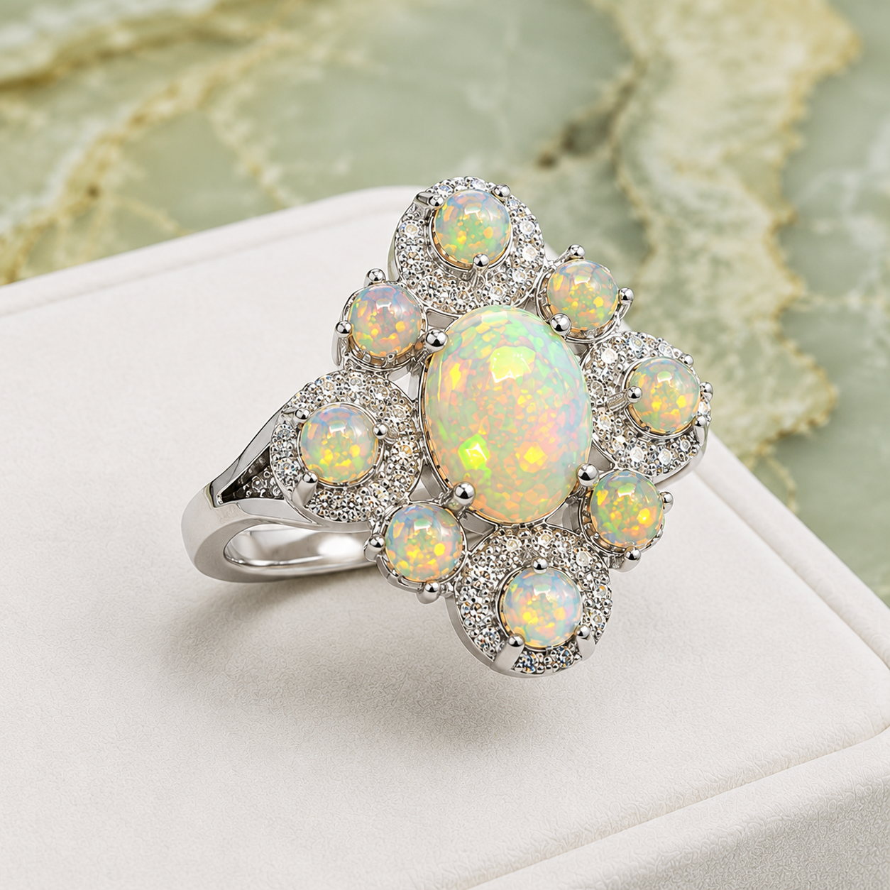 Elegant Fire Opal ring and pendant jewelry set with natural 3mm fire opal accents and sparkling cubic zirconia.