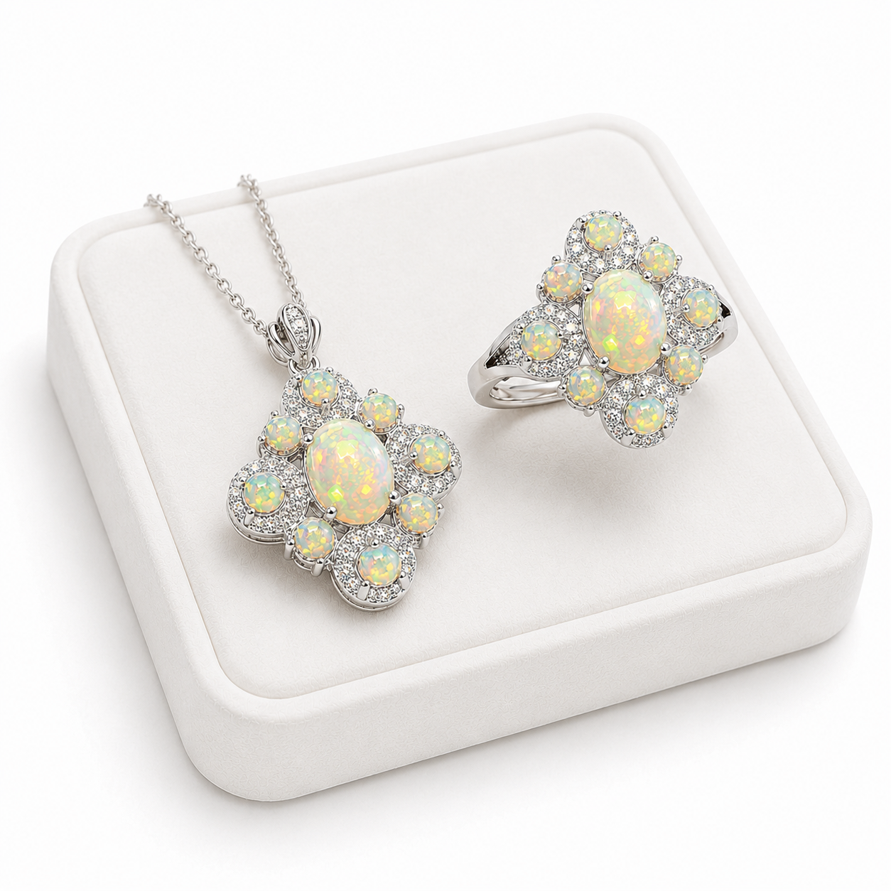 Elegant Fire Opal ring and pendant jewelry set with natural 3mm fire opal accents and sparkling cubic zirconia.