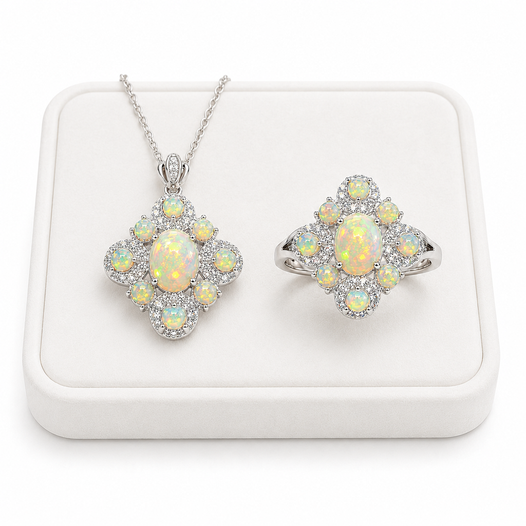 Elegant Fire Opal ring and pendant jewelry set with natural 3mm fire opal accents and sparkling cubic zirconia.