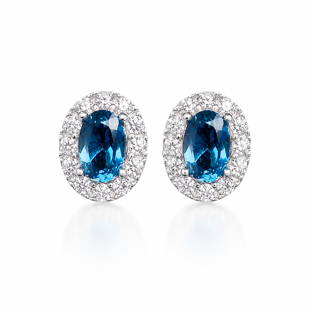 London Blue Topaz stud earrings 4x6mm oval gemstones in 925 sterling silver with CZ halo
