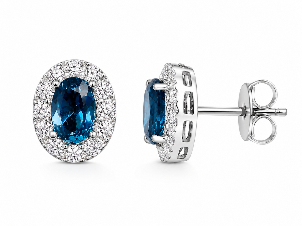 Side profile of 4x6mm London Blue Topaz stud earrings in 925 sterling silver