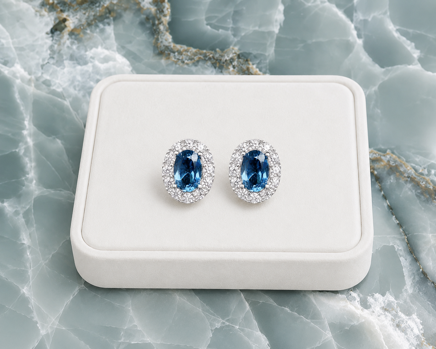 London Blue Topaz stud earrings displayed on a white jewelry tray over blue marble