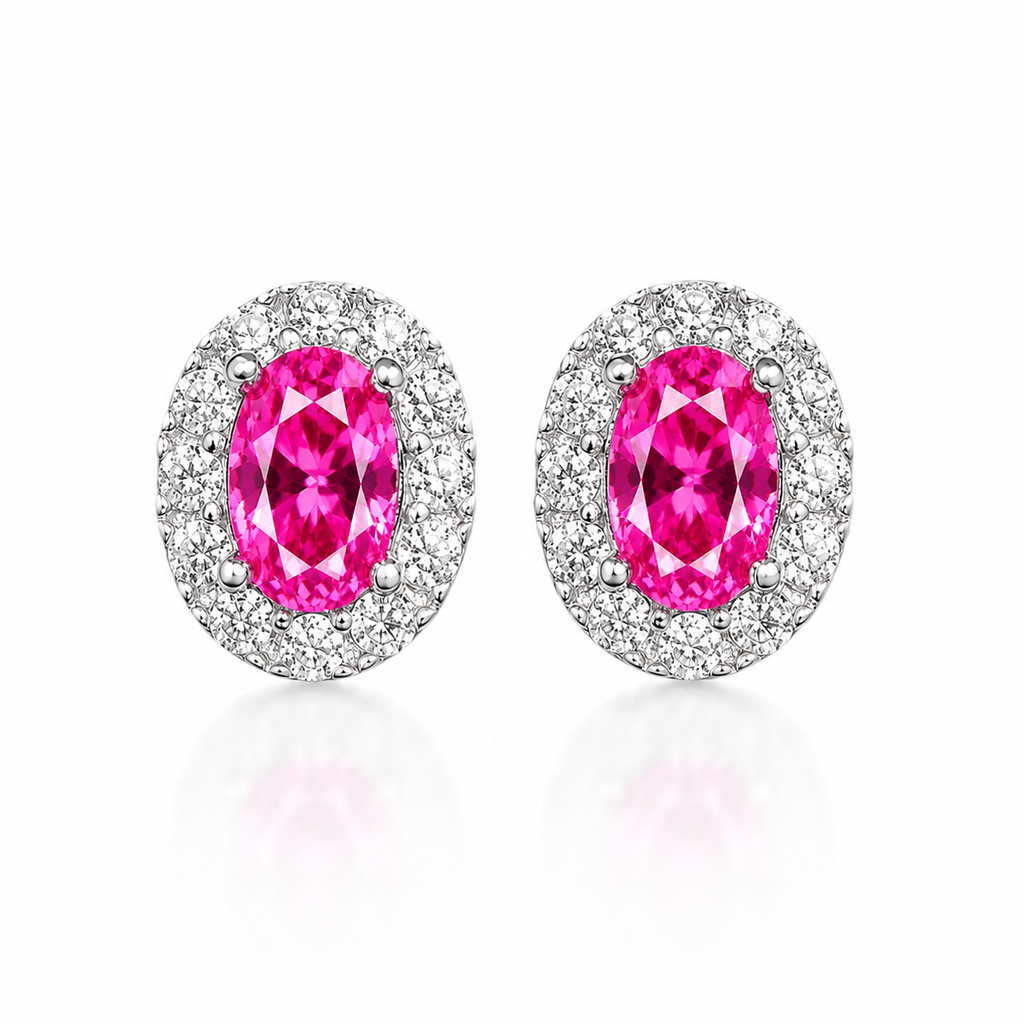 4x6mm oval pink topaz halo stud earrings in 925 sterling silver front view