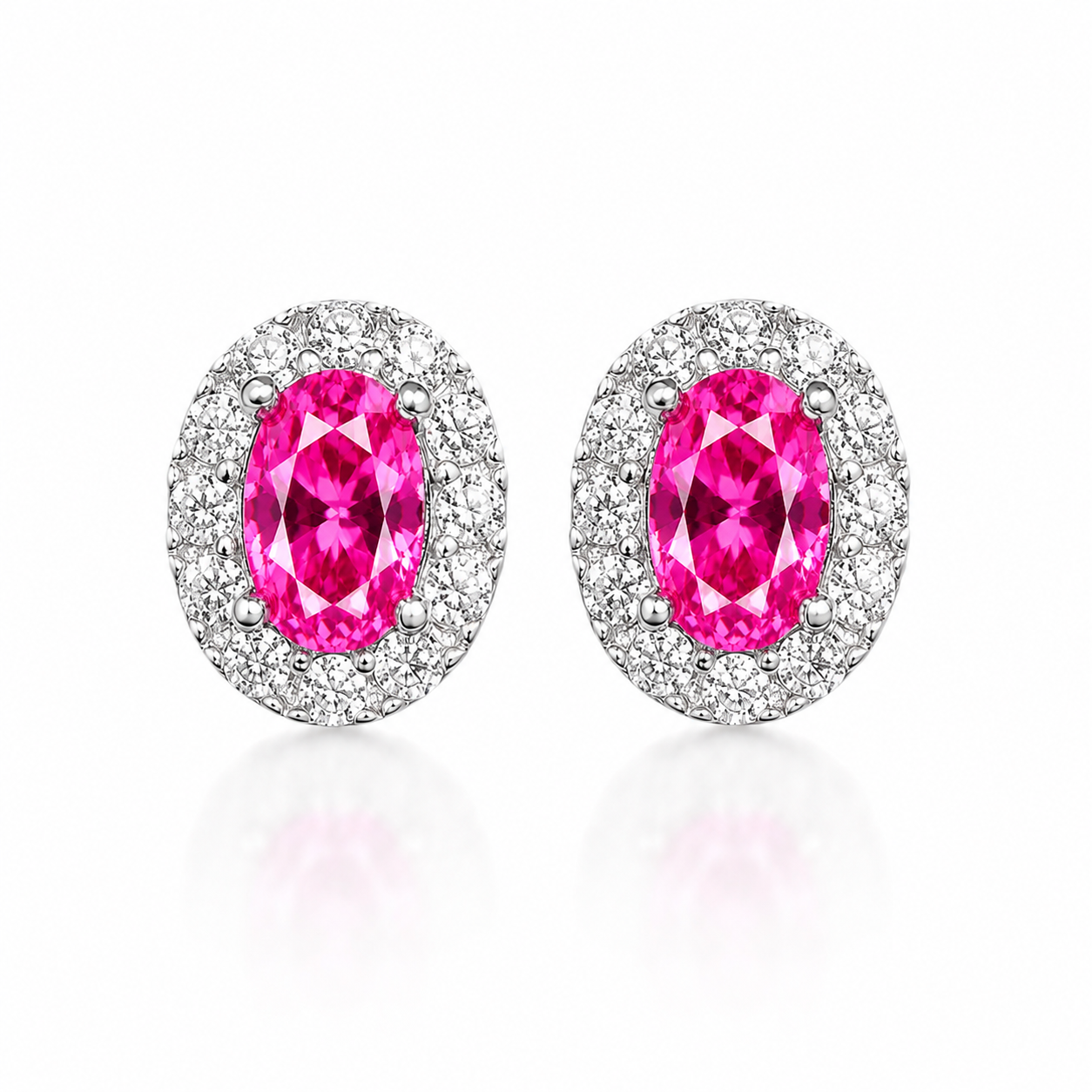 4x6mm oval pink topaz halo stud earrings in 925 sterling silver front view