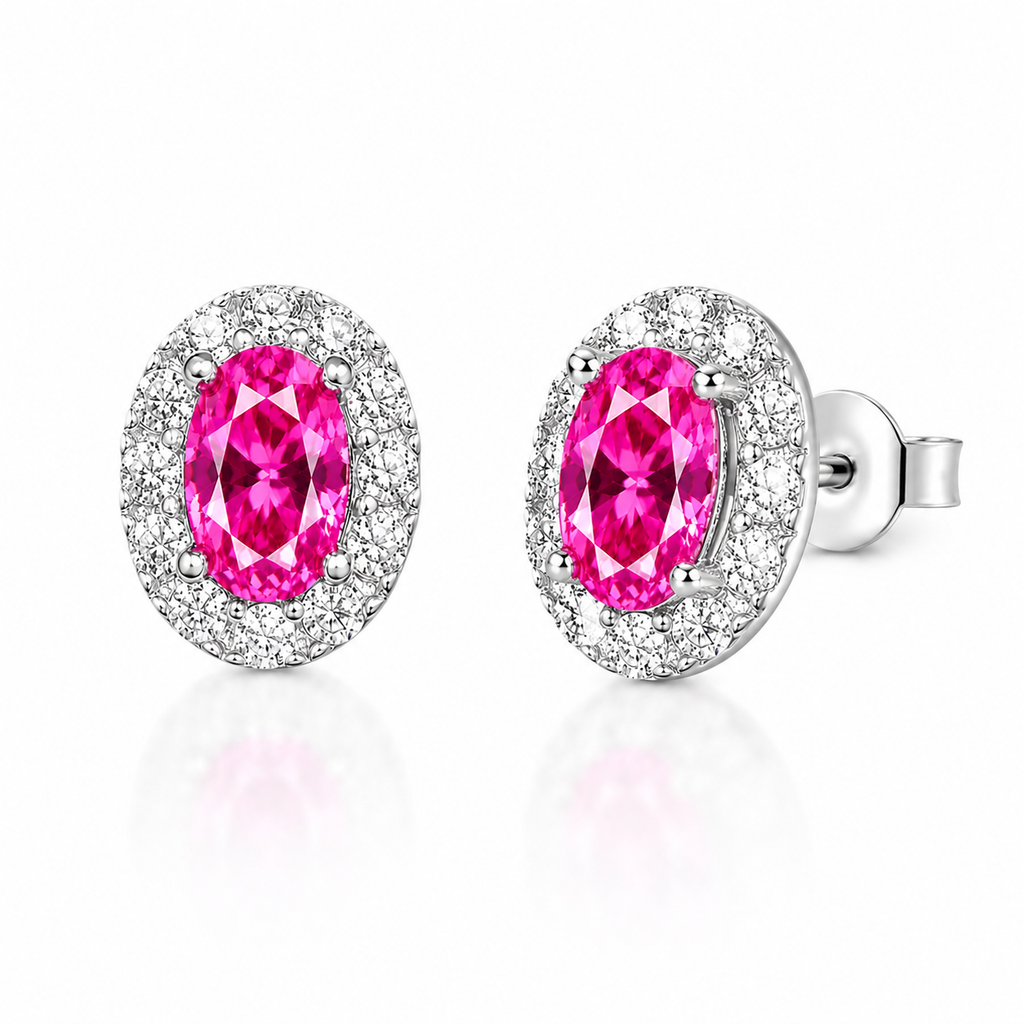 Pink topaz 4x6mm sterling silver halo stud earrings photographed at a 45 degree angle