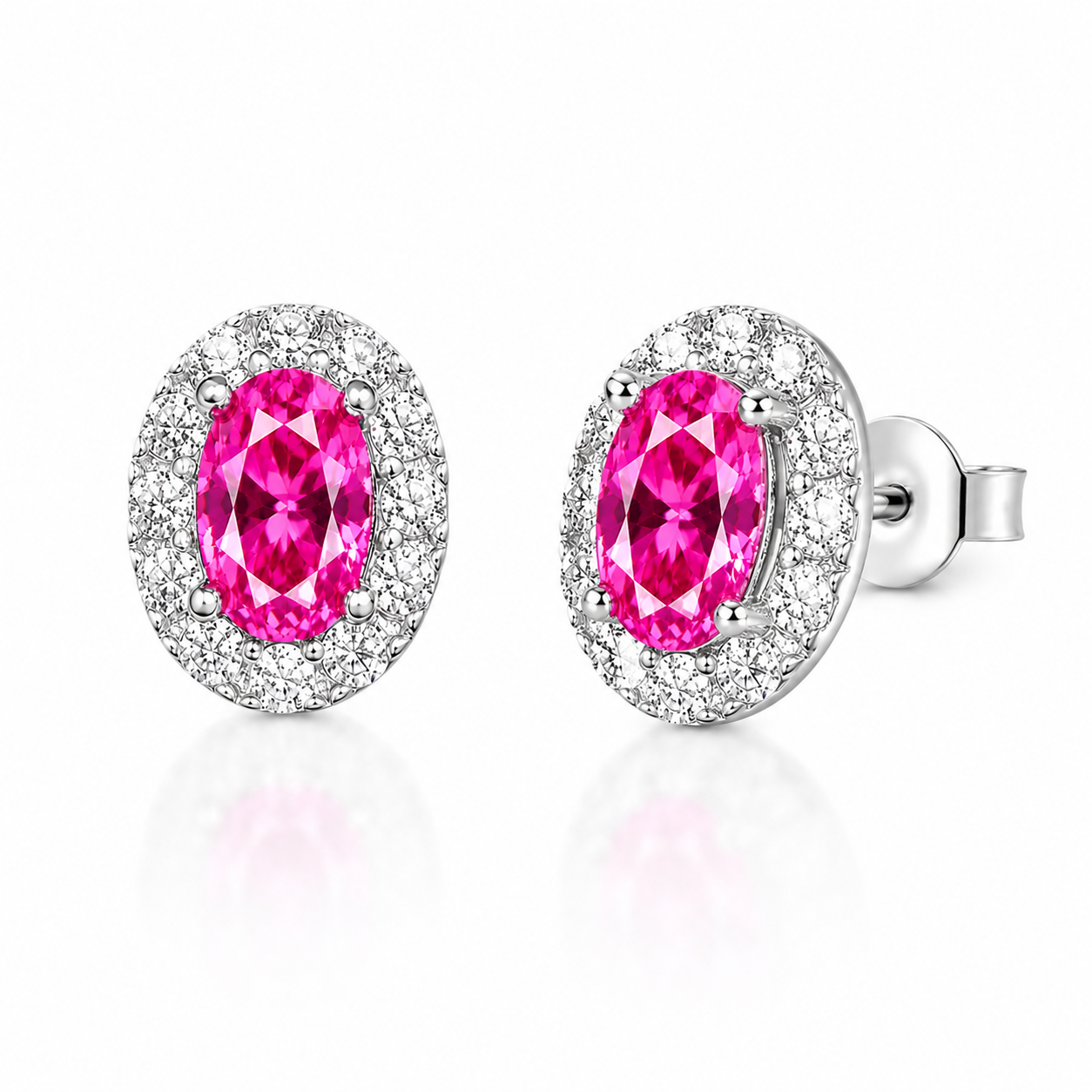 Pink topaz 4x6mm sterling silver halo stud earrings photographed at a 45 degree angle