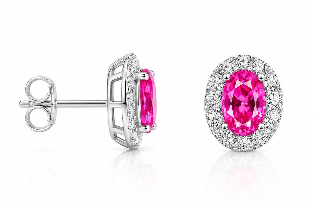 Side profile of 4x6mm pink topaz stud earrings showing sterling silver halo setting