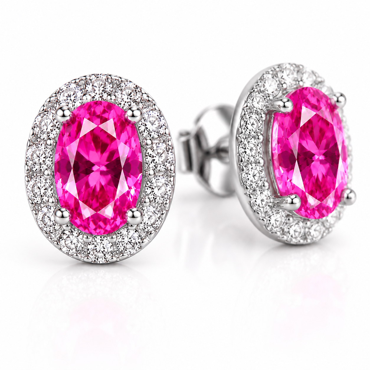 Macro close-up of faceted pink topaz gemstones and sparkling cubic zirconia halo earrings