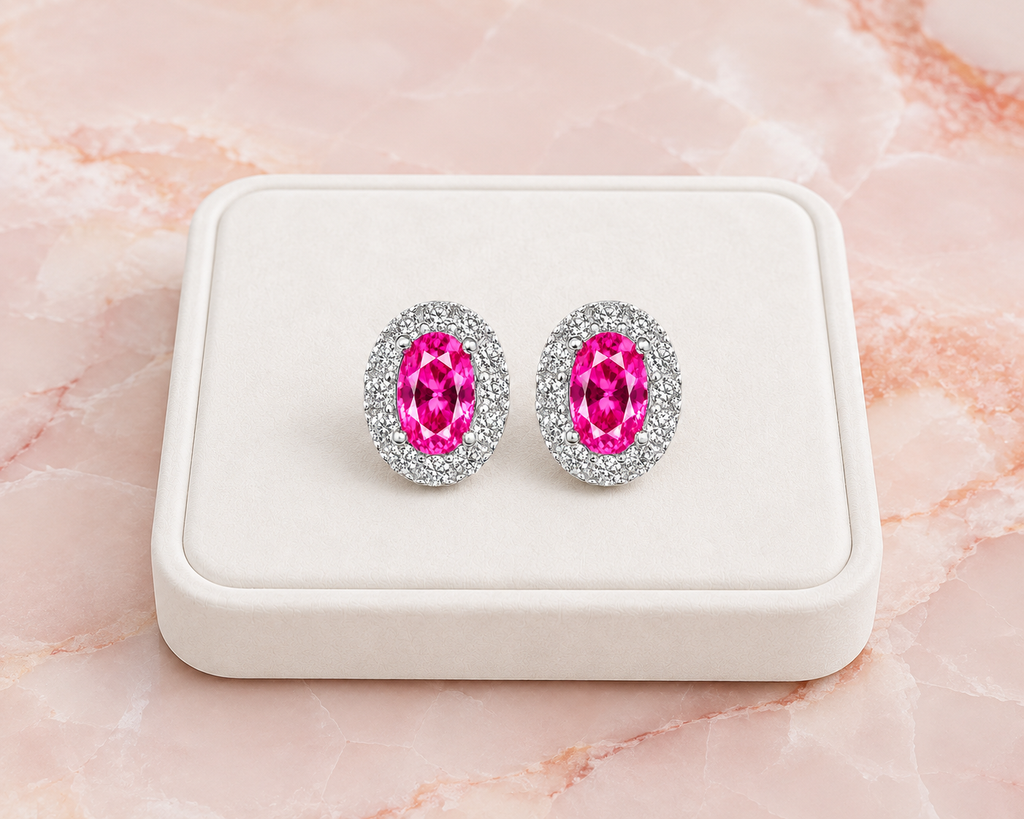 Pink topaz halo stud earrings displayed on a white jewelry tray with luxury pink marble background
