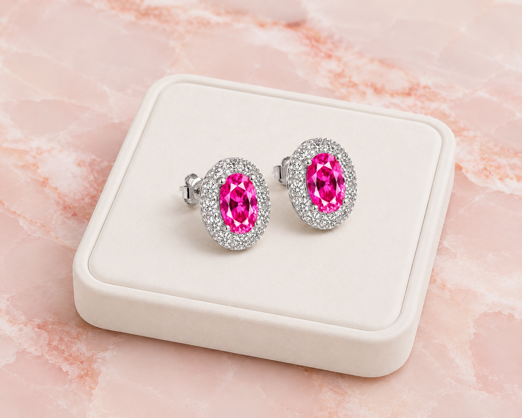 Pink topaz halo stud earrings displayed on a white jewelry tray with luxury pink marble background