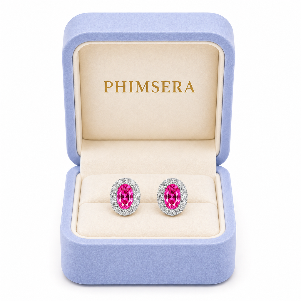 4x6mm pink topaz halo earrings displayed in a Phimsera jewelry gift box
