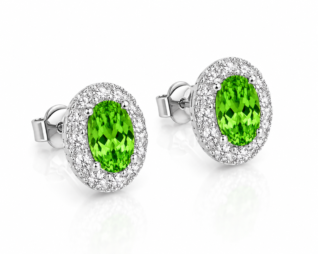 4x6mm natural green tsavorite halo stud earrings shown at a 45-degree angle
