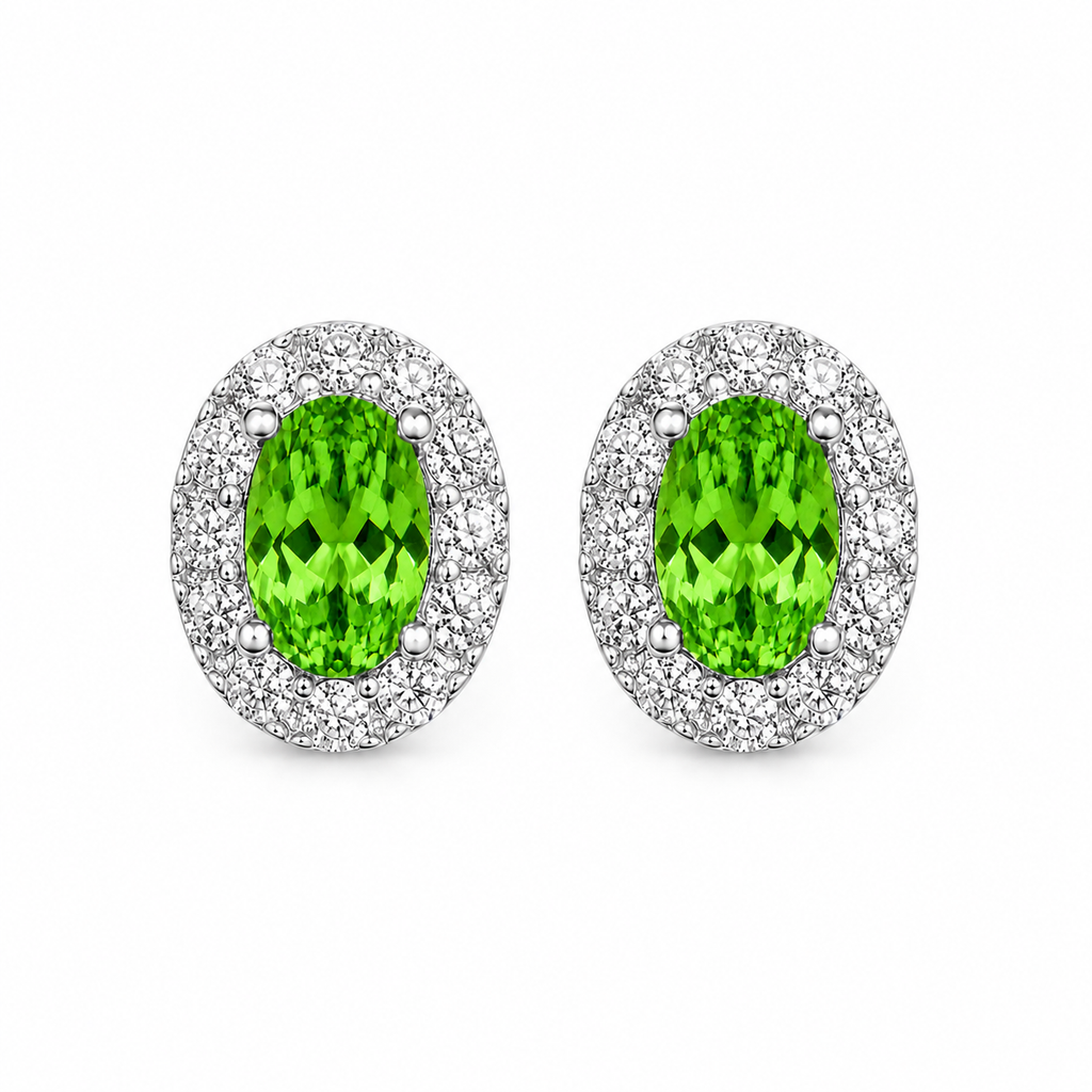 Top view of oval green tsavorite gemstone stud earrings with sparkling CZ halo accents
