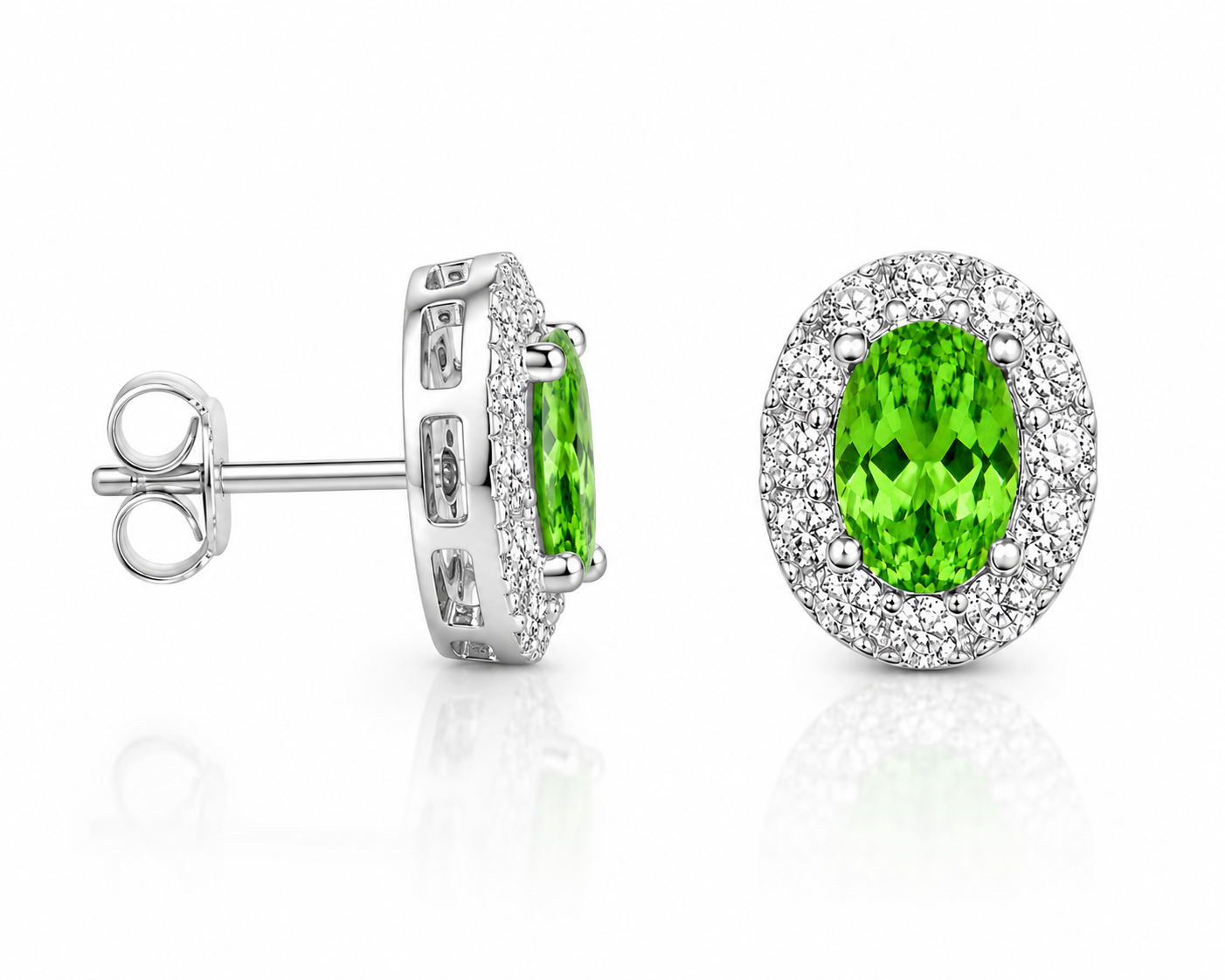 Side profile of 4x6mm green tsavorite stud earrings showing sterling silver halo settings