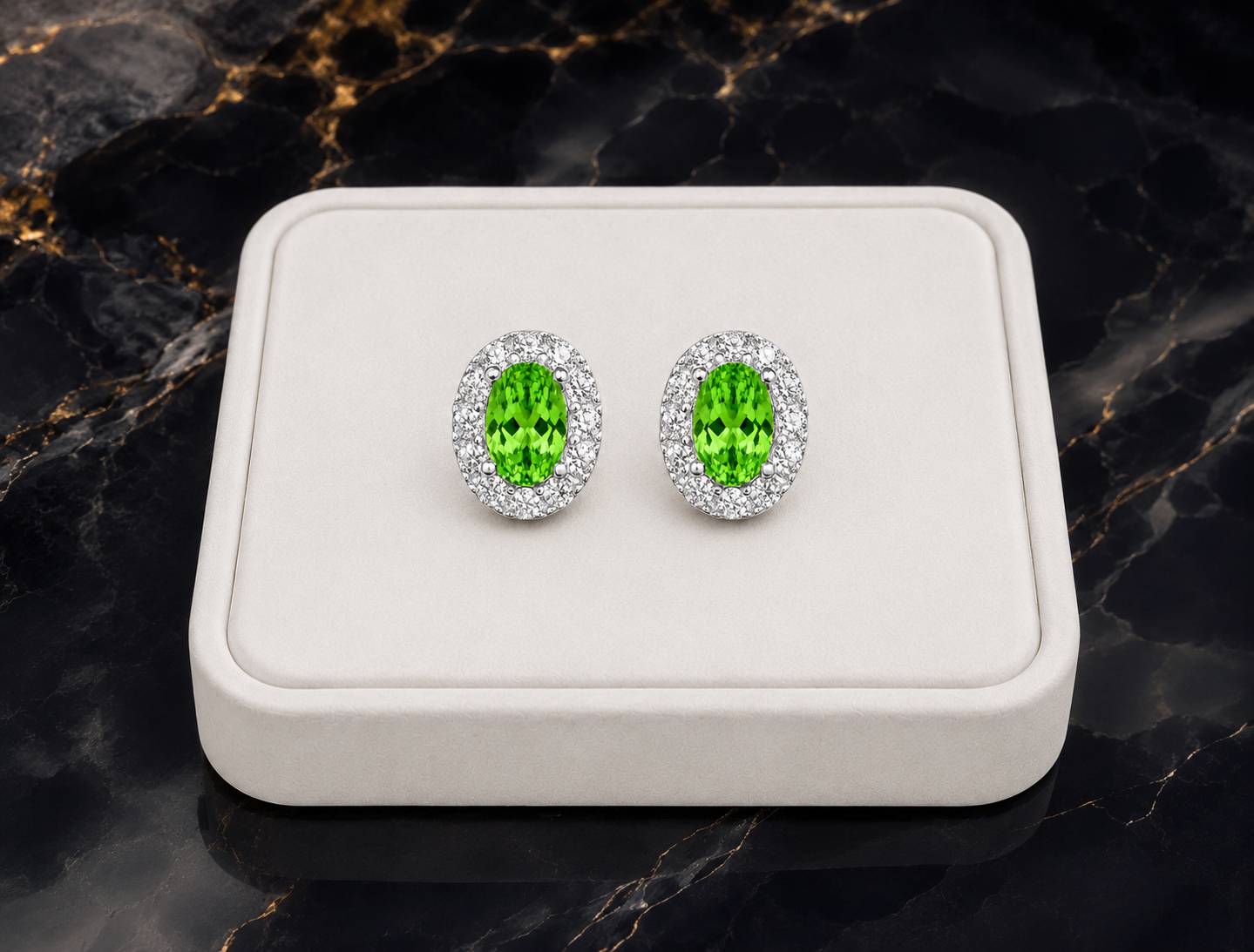 Green tsavorite stud earrings displayed on a white jewelry tray over luxury black marble