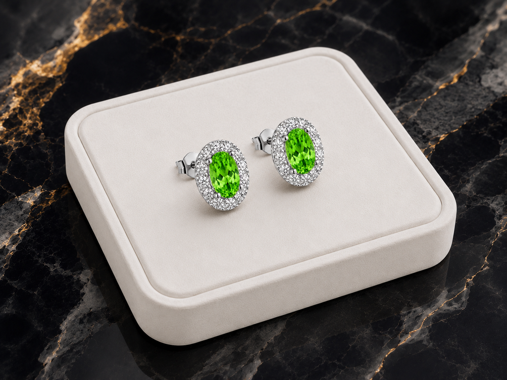Green tsavorite stud earrings displayed on a white jewelry tray over luxury black marble