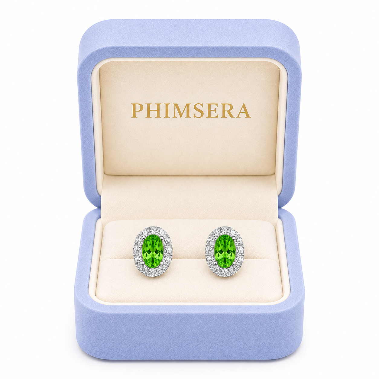 4x6mm natural green tsavorite halo stud earrings displayed in a Phimsera jewelry gift box