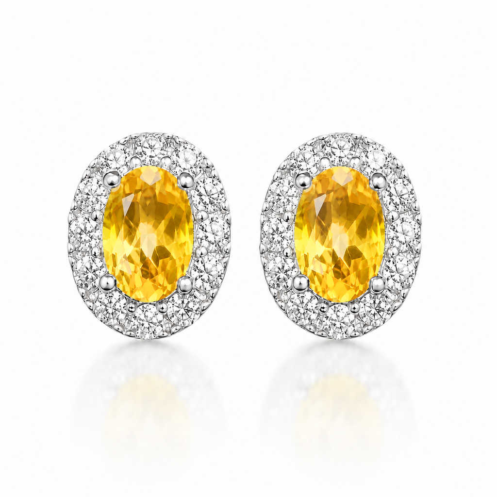 Natural 4x6mm oval citrine halo stud earrings in 925 sterling silver front view