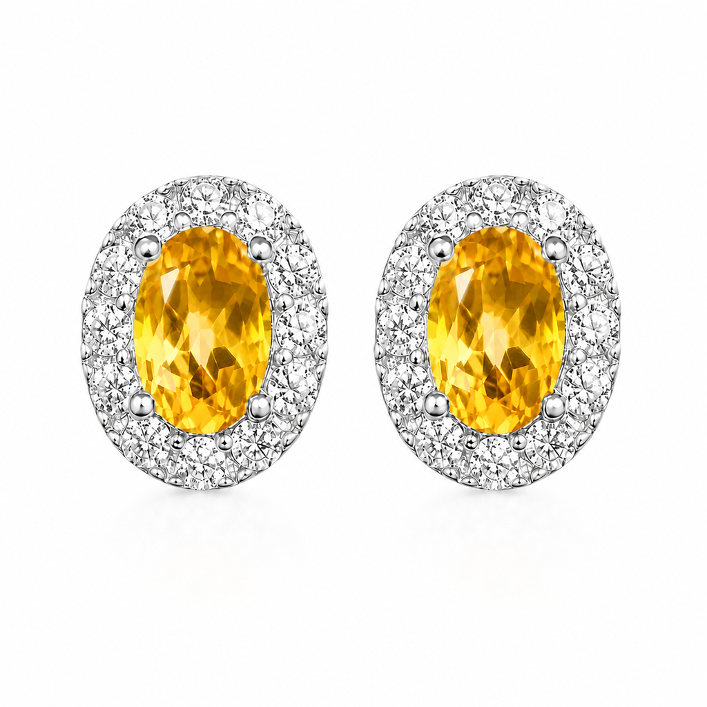 Oval natural citrine halo stud earrings 4x6mm top-down jewelry view